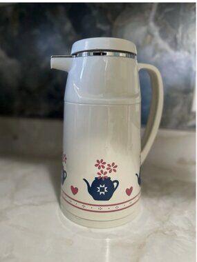 Vintage Thermos Carafe – Floral Teapot Design white Plastic.